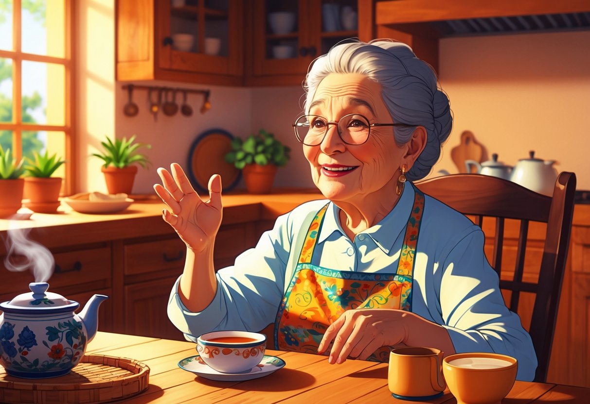 An elderly Latina grandmother sitting at a kitchen table, smiling warmly and gesturing as she shares a story in a cozy, inviting room.