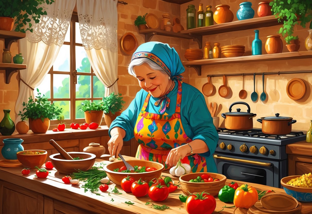 A grandmother cooking traditional Spanish food in a cozy kitchen filled with fresh ingredients and kitchen utensils.