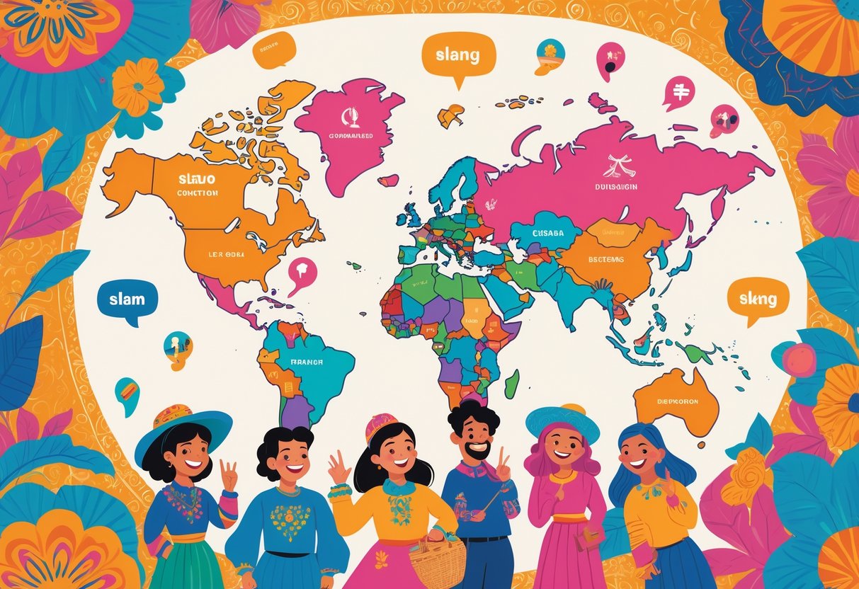 A colorful map of Spanish-speaking countries surrounded by smiling people in traditional clothing from different regions, showing friendly interactions and cultural symbols.