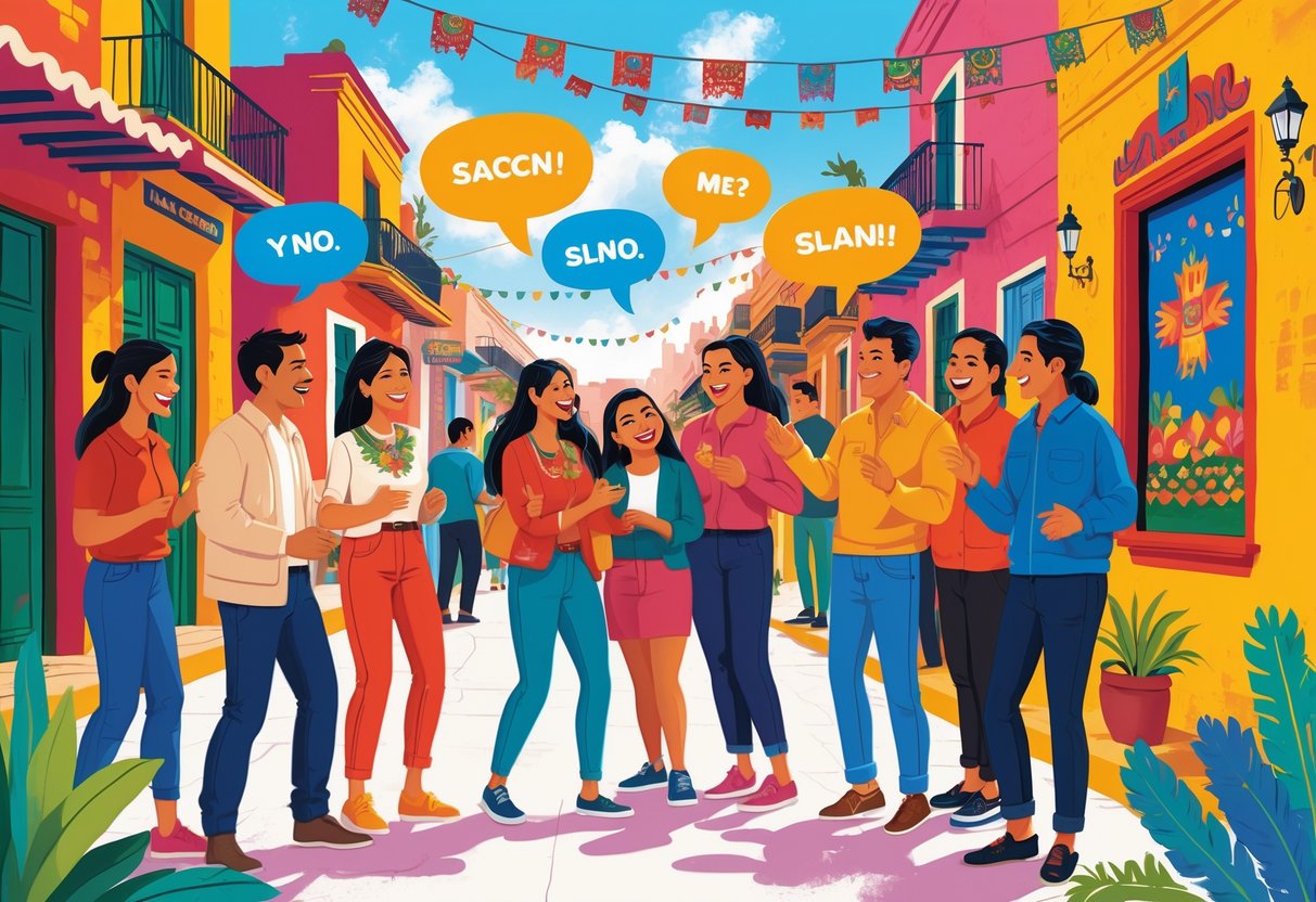 A lively Mexican street scene with diverse people talking and laughing, surrounded by colorful decorations and cultural elements.