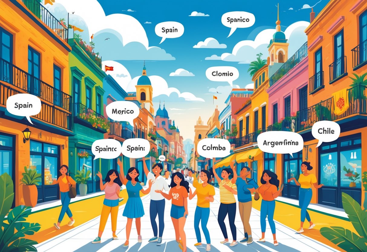 A lively street scene showing people from different Spanish-speaking countries interacting with cultural landmarks and traditional clothing representing their regions.