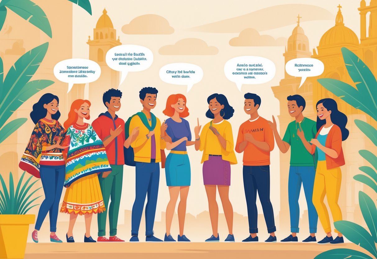A group of smiling people from different Spanish-speaking countries wearing traditional clothing and interacting warmly in a lively city setting with subtle cultural landmarks in the background.