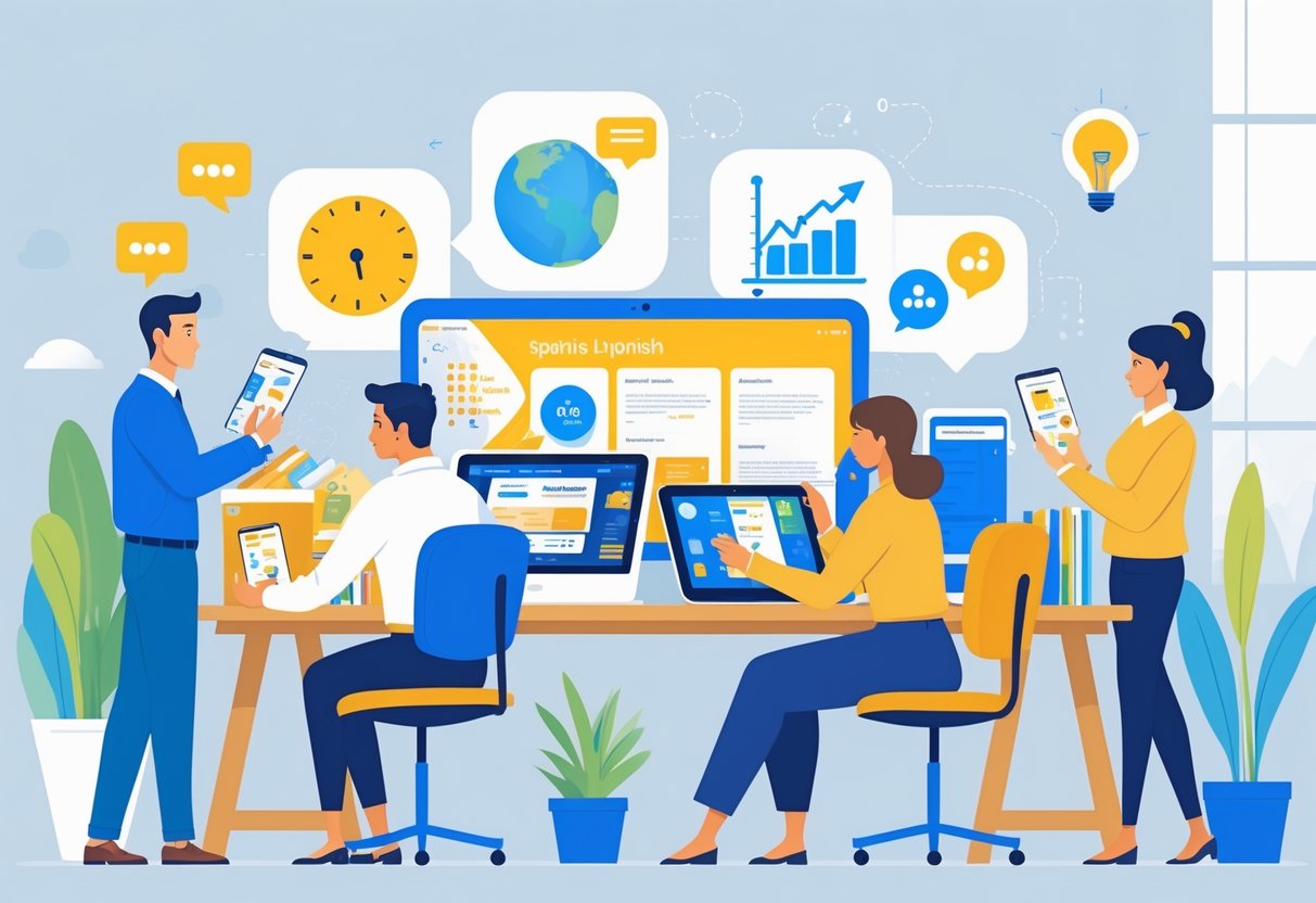 Adults exploring different language learning tools in a bright study room, thoughtfully choosing their learning methods.