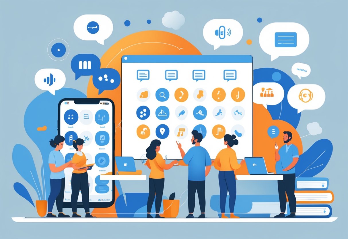 A group of adults engaged in different Spanish learning activities including using a language app, attending a classroom session, and listening to audio lessons.