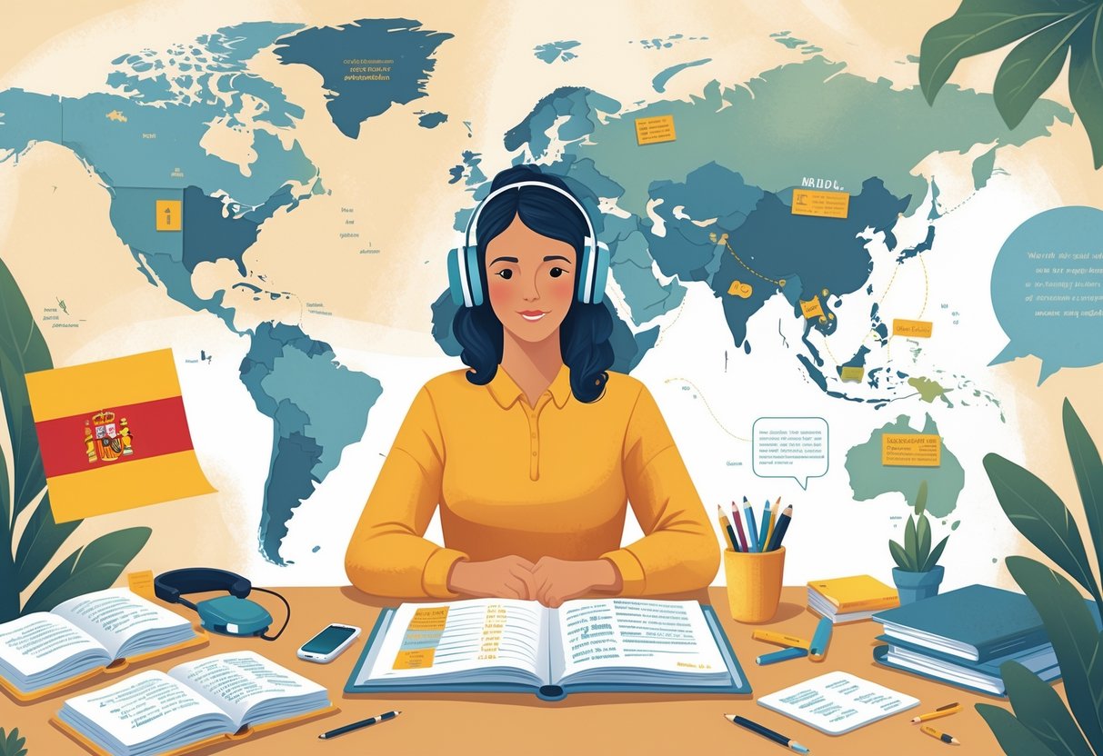 An adult studying Spanish at a desk with books, a laptop, headphones, and notes, surrounded by symbols of language learning and a world map highlighting Spanish-speaking countries.