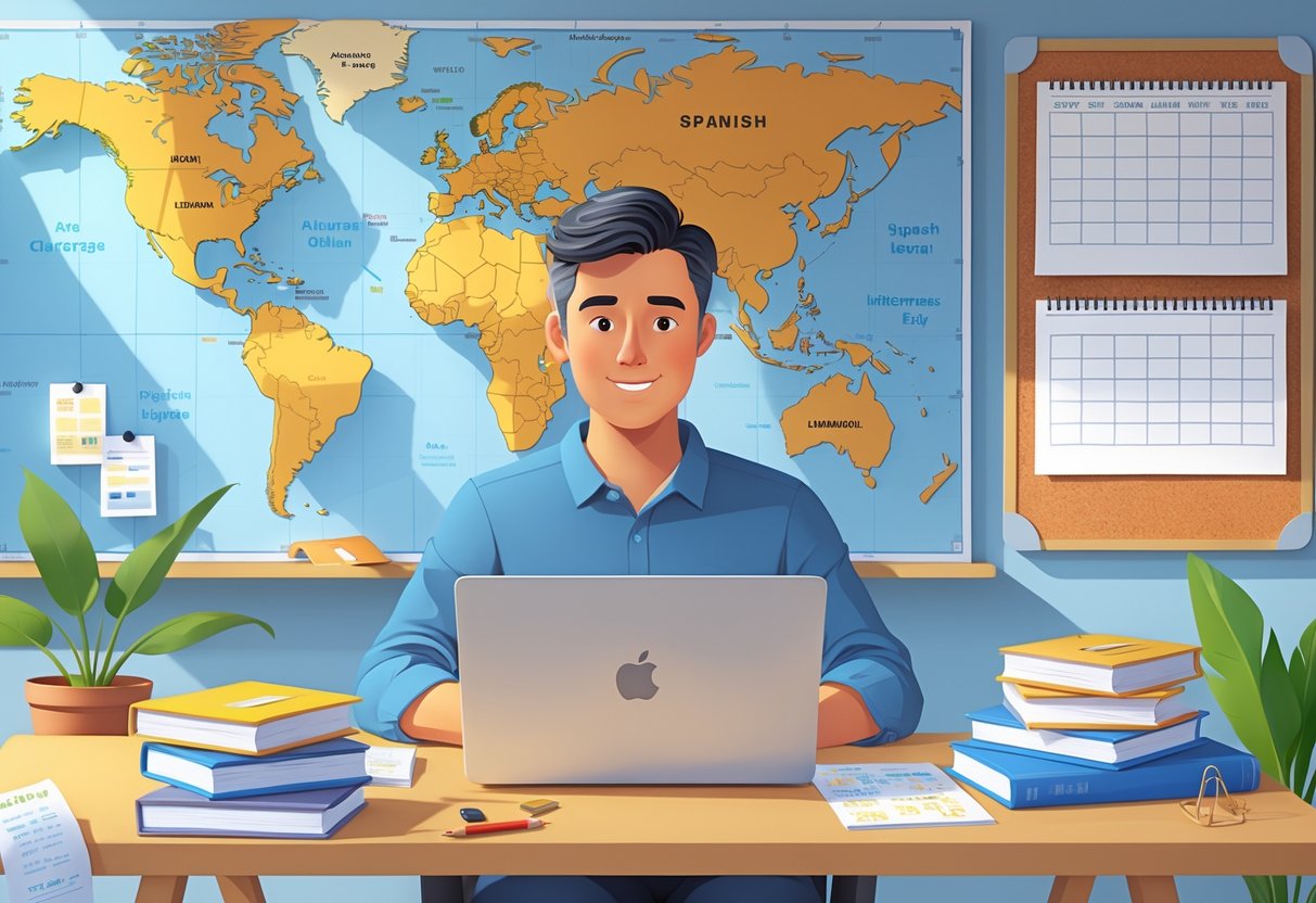 An adult studying Spanish at a desk with books, flashcards, and a laptop, surrounded by a world map and a study schedule on a corkboard.