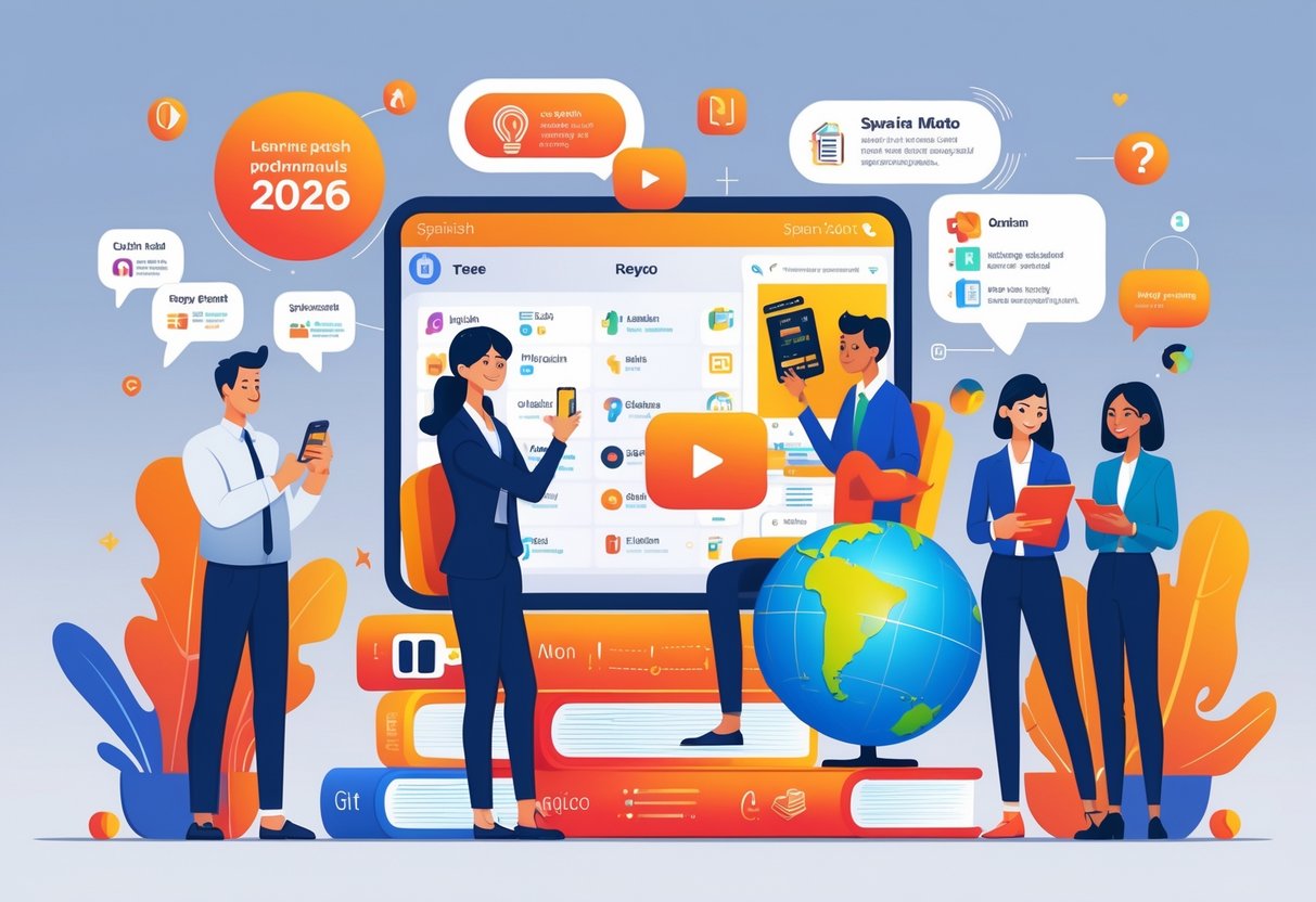 A group of people learning Spanish using apps, books, and videos with icons representing language learning methods around them.