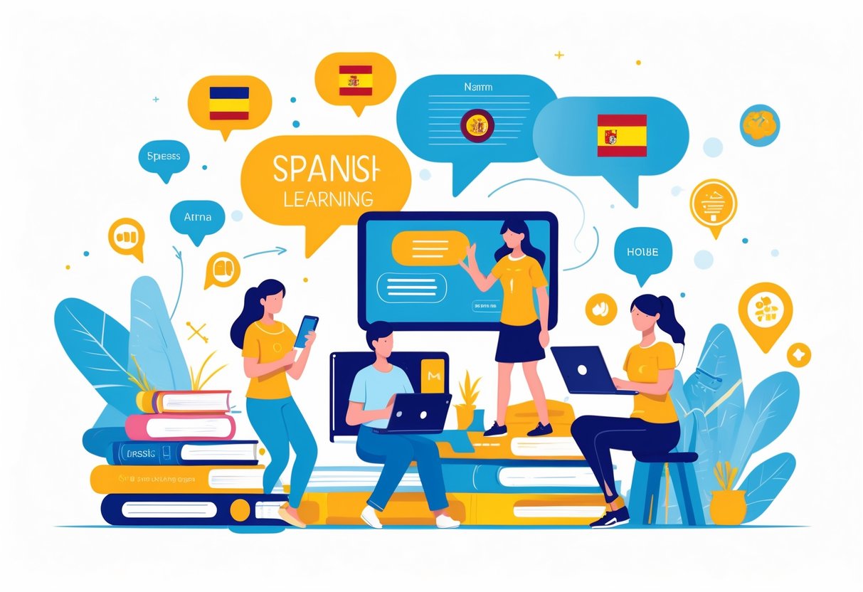 A group of people learning Spanish using apps, books, virtual tutors, and taking notes, surrounded by Spanish cultural symbols and language icons.