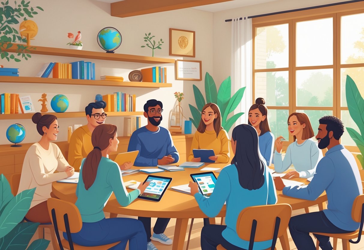 A diverse group of people talking and learning together around a table in a bright community space with books and digital devices.