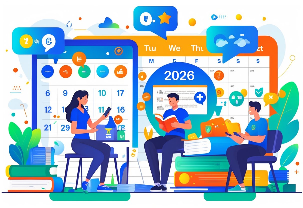 A group of people studying Spanish using apps, books, and digital devices in a bright room with icons showing language learning progress.