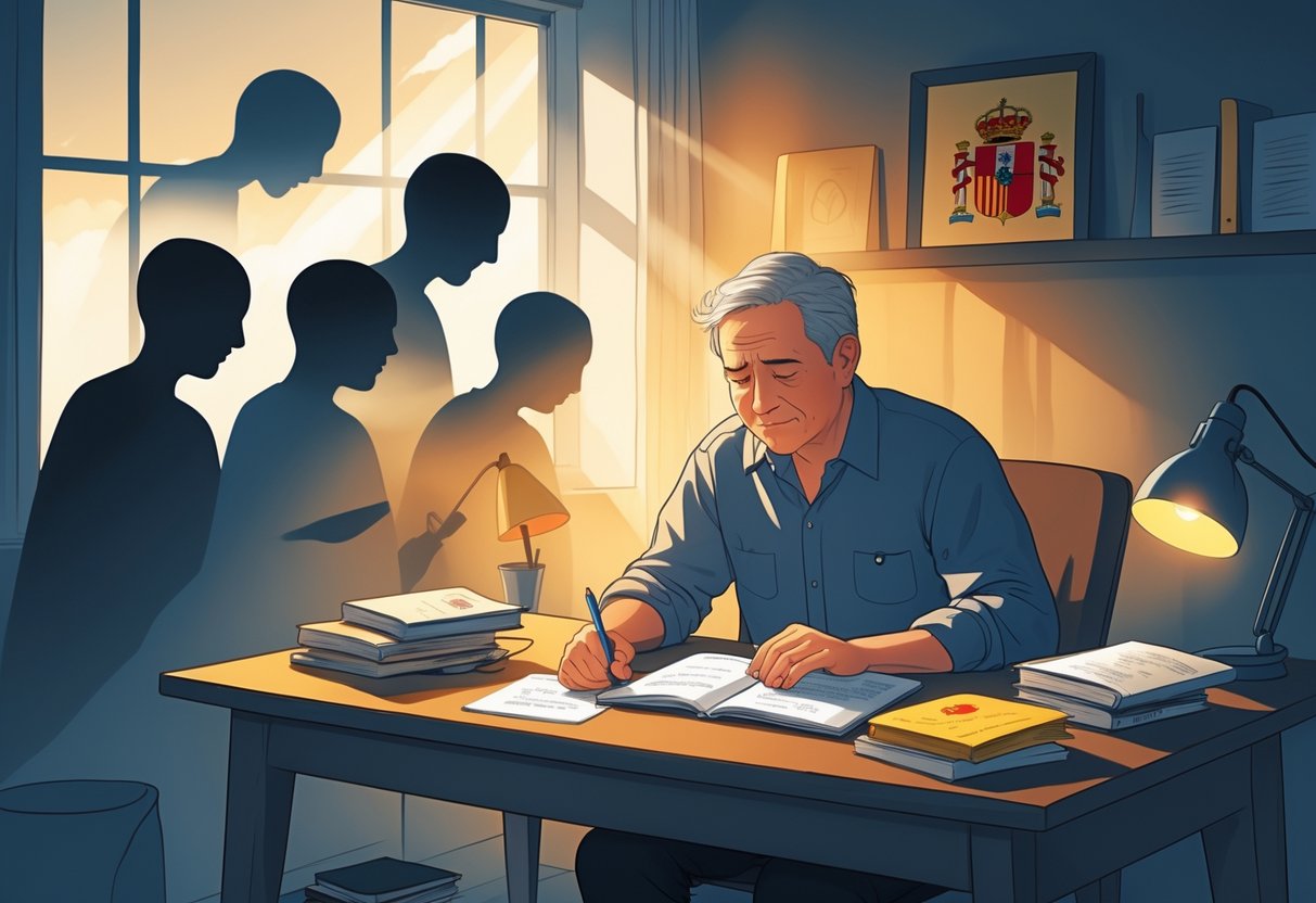 An adult learner sitting at a desk surrounded by Spanish books, showing initial frustration with shadowy figures behind them symbolizing shame, while warm light and a more confident posture indicate overcoming those feelings.