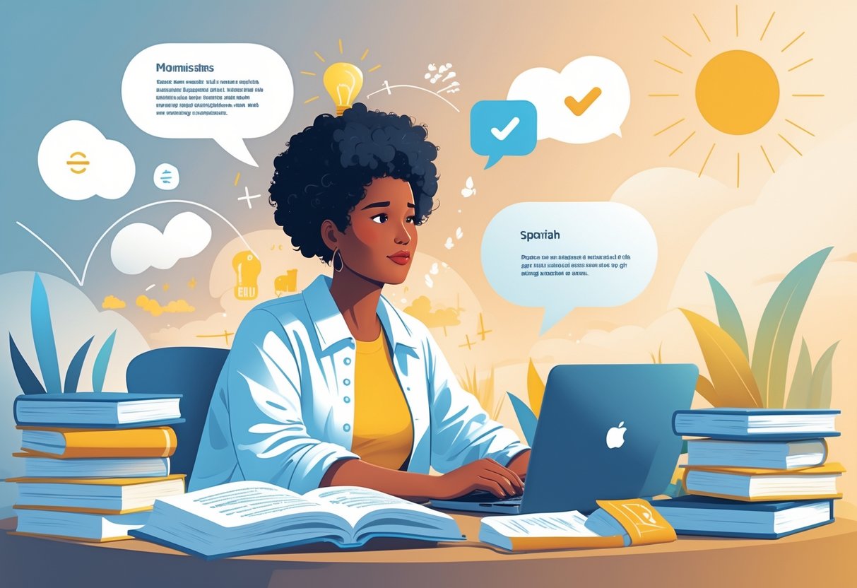 An adult learner sitting at a desk surrounded by Spanish study materials, showing determination and confidence as symbols of growth and progress appear around them.