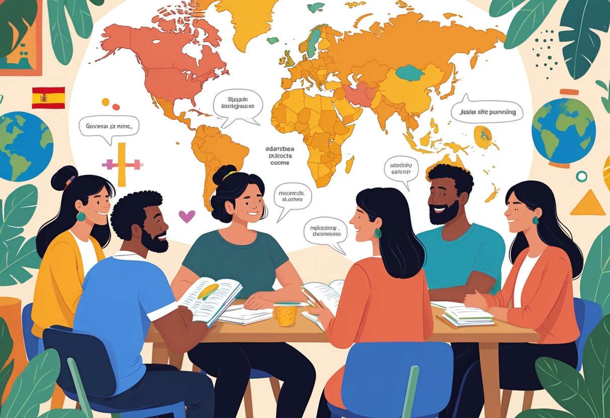 A group of adults sitting around a table in a classroom, practicing Spanish together with supportive expressions and cultural decorations.