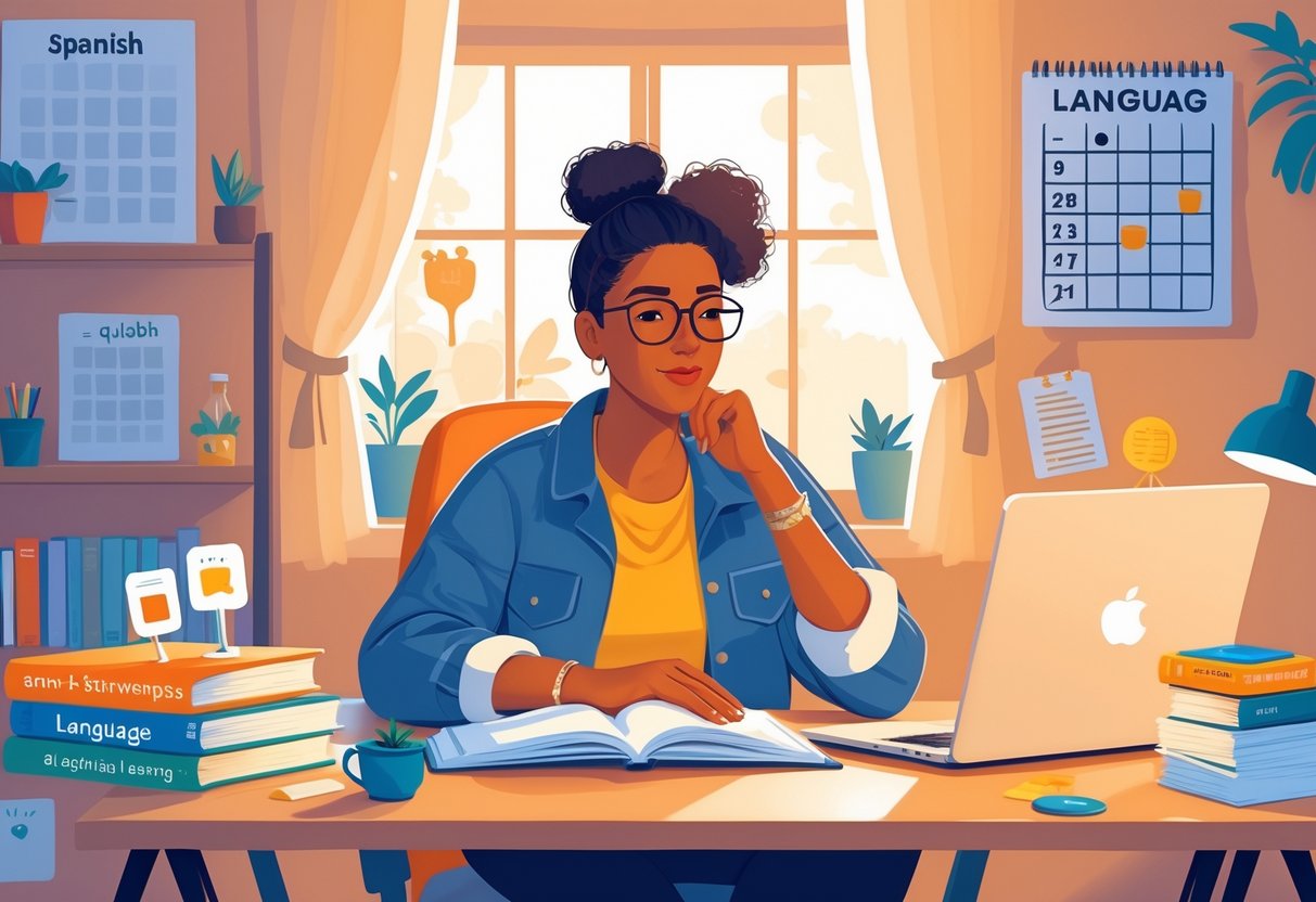 An adult learner sitting at a desk with Spanish learning materials, looking thoughtful and determined in a cozy study room.