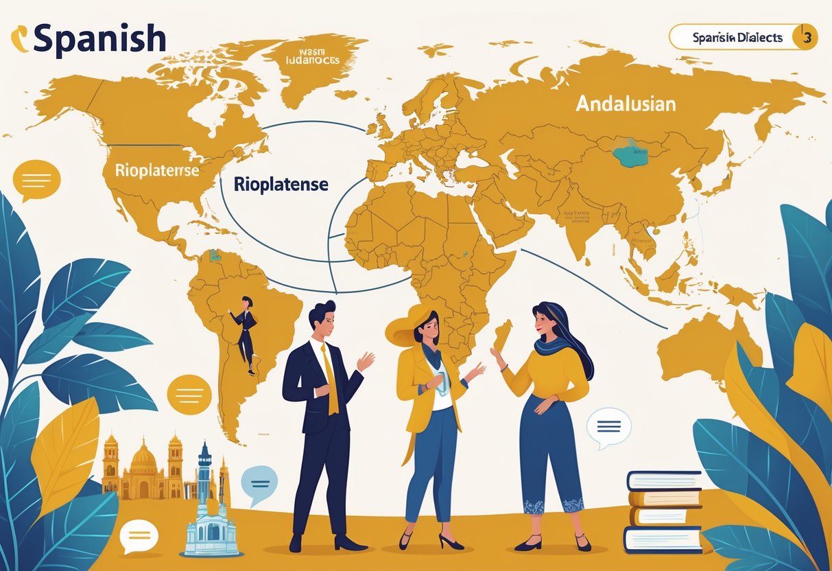 Three people representing different Spanish dialects talk with cultural symbols and a world map showing Spanish-speaking regions in the background.