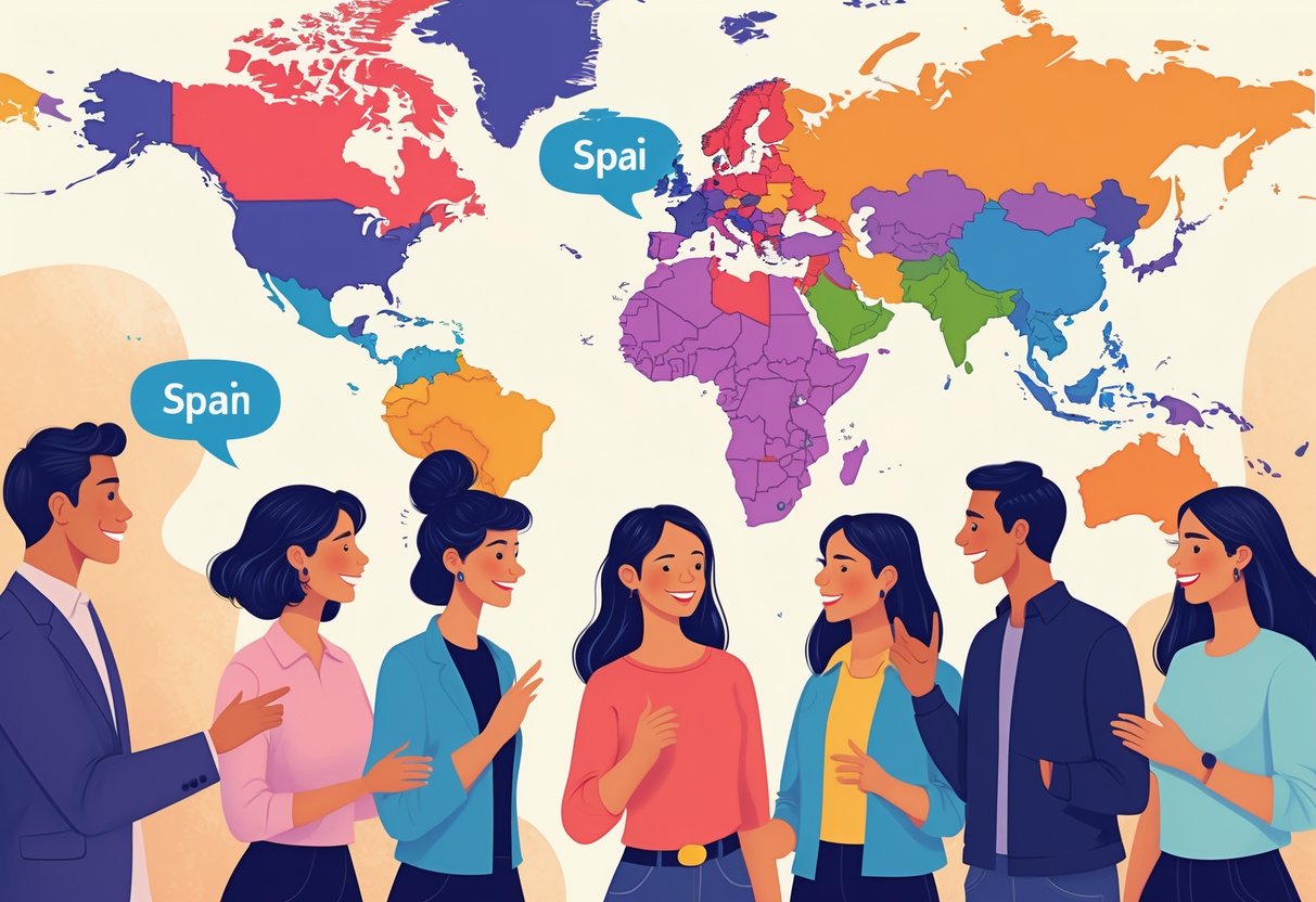 A diverse group of people from different Spanish-speaking regions conversing with speech bubbles showing pronunciation symbols and a world map highlighting Spanish-speaking countries in the background.