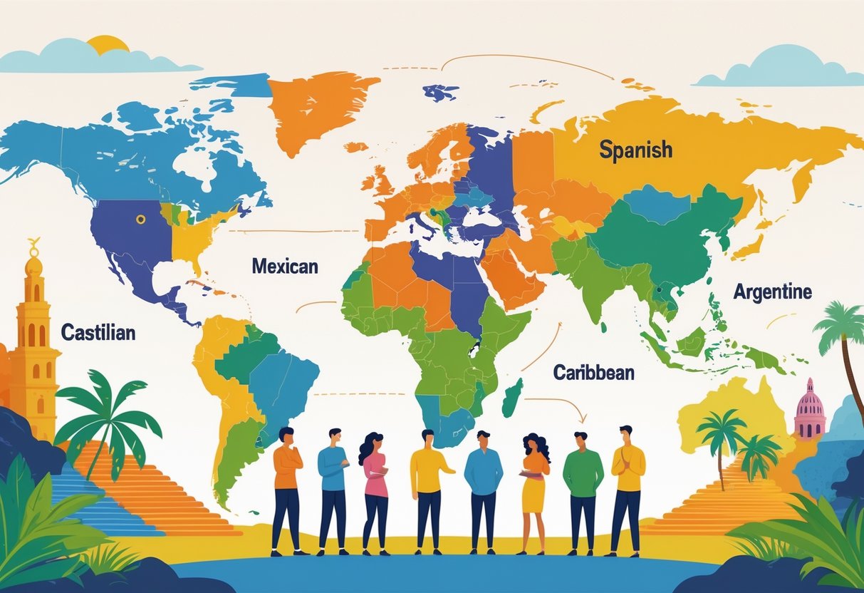 People standing at a crossroads shaped like a map of Spanish-speaking regions, each path marked by cultural icons representing different Spanish dialects.