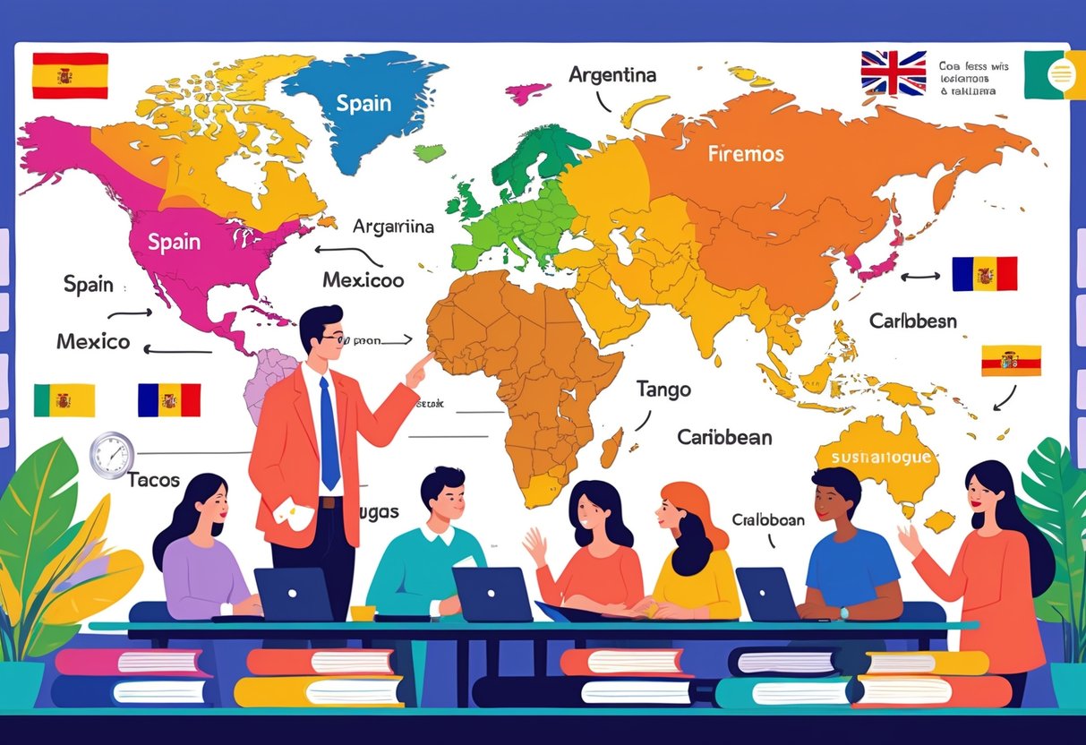 A group of people in a classroom looking at a map of Spanish-speaking countries with cultural icons representing different Spanish dialects.