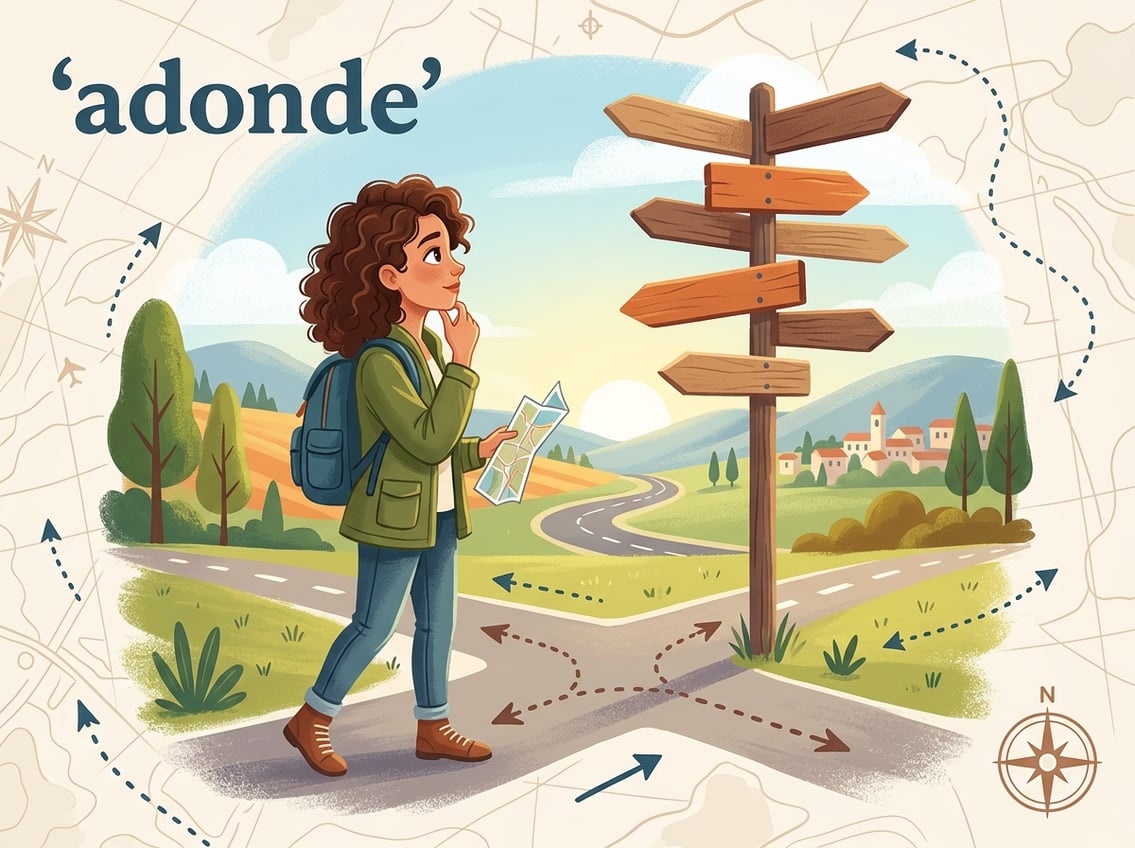 A woman standing at a crossroads with multiple directional signs pointing to different destinations, symbolizing the concept of asking where to go.