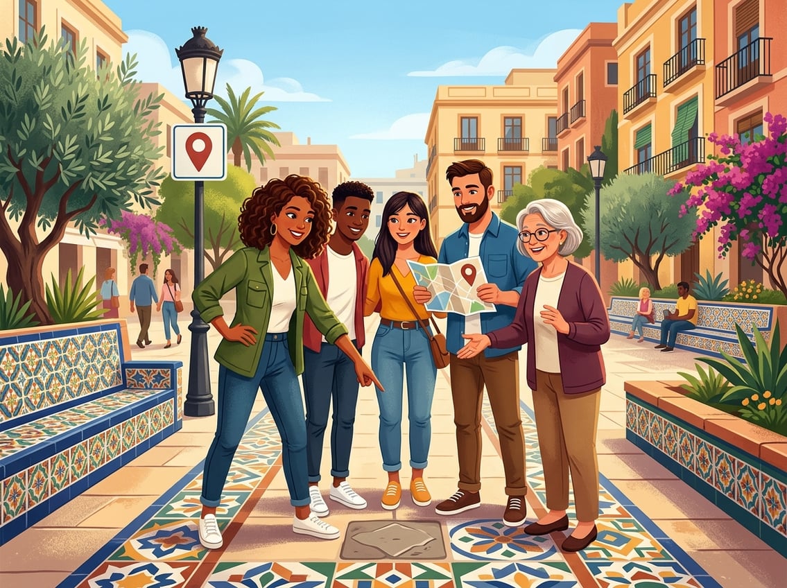A group of people in a park with one person pointing to a spot on the ground, indicating a location.