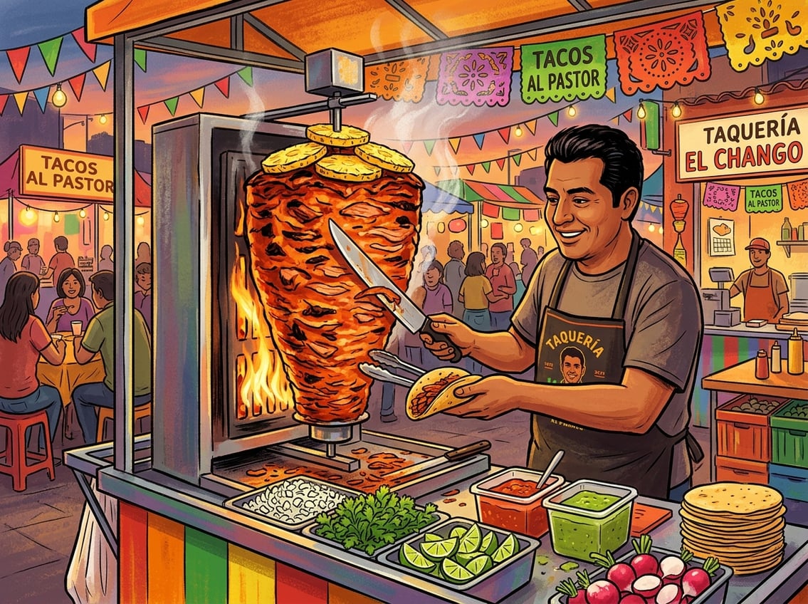 A street food vendor slicing marinated pork from a vertical spit onto a tortilla with fresh ingredients nearby in a lively market setting.