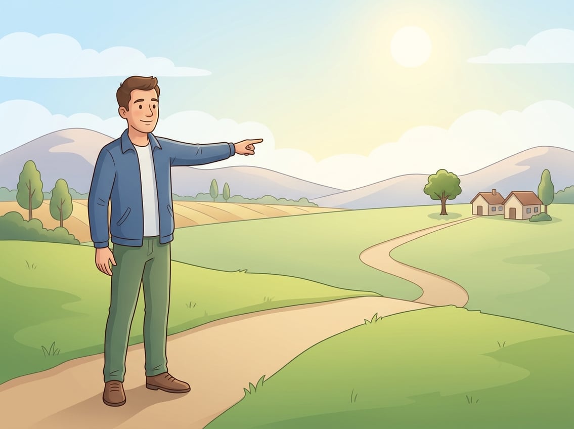 A person pointing towards a distant house across a clear landscape.