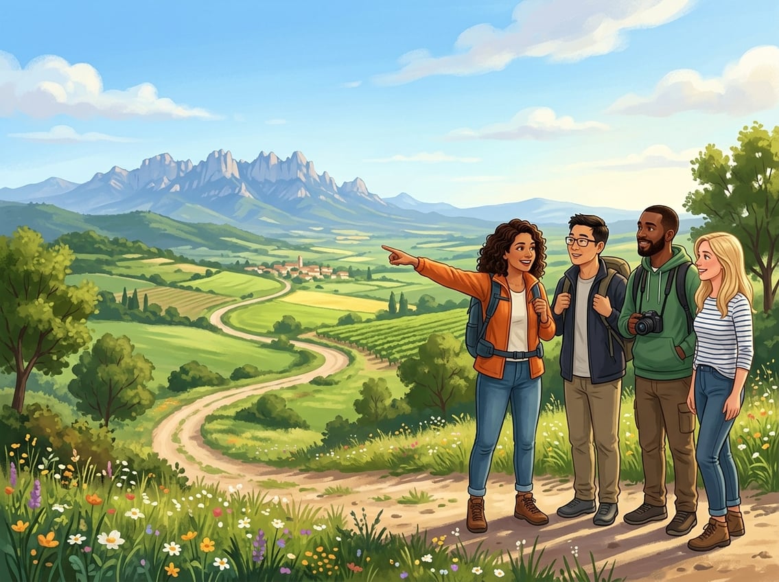 People outdoors with one person pointing toward distant mountains to indicate a far location.