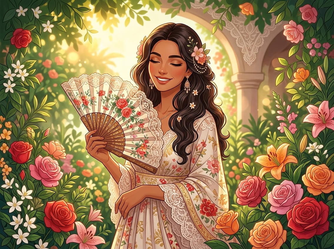 A smiling woman surrounded by colorful flowers and soft golden light with green foliage in the background.