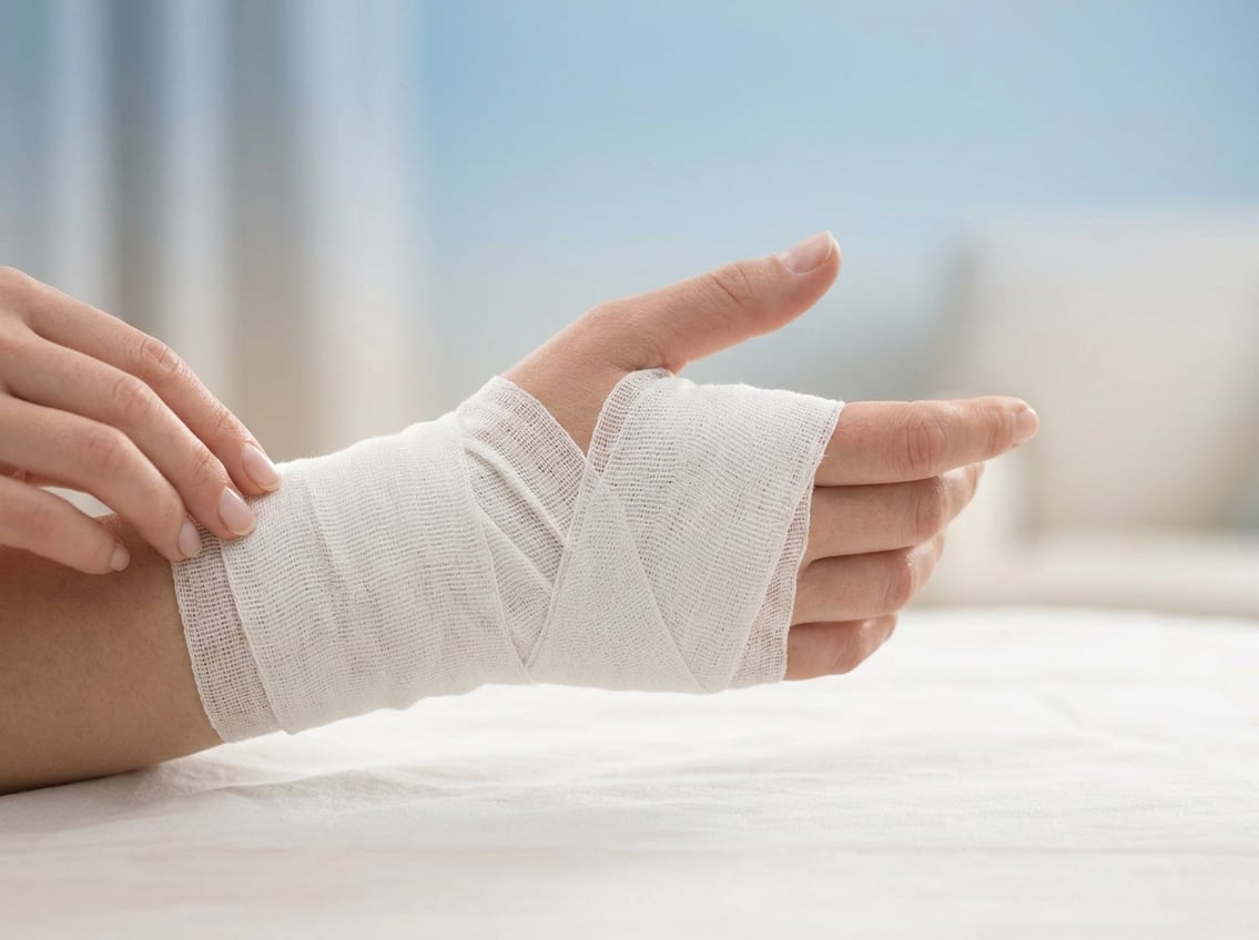 A close-up of a hand wrapped in a white bandage against a soft blue and white background.