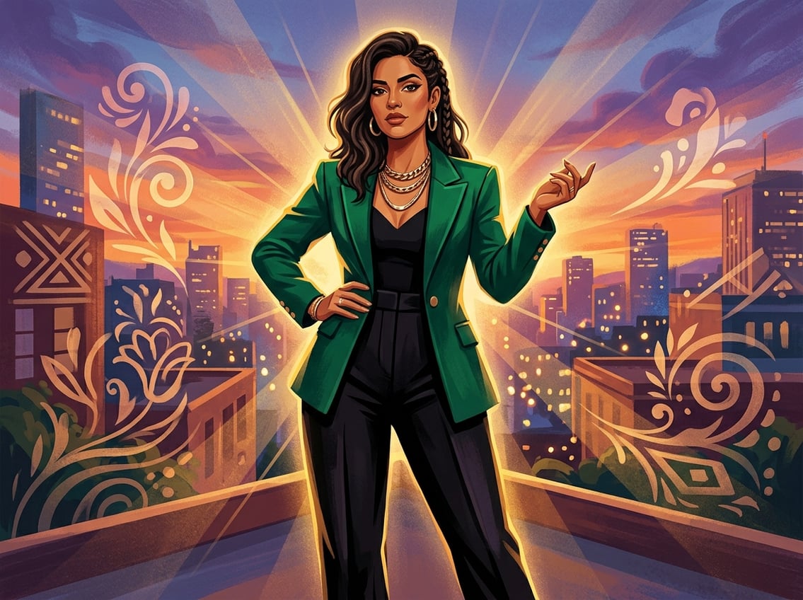 A confident Latina woman standing tall in a vibrant cityscape at sunset, radiating strength and empowerment.