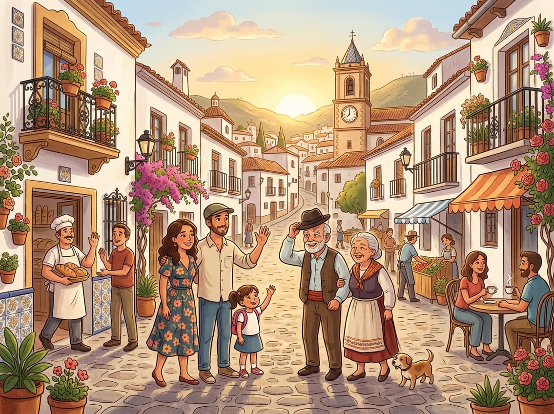 A sunny morning in a Spanish town where people greet each other warmly with smiles and open gestures.