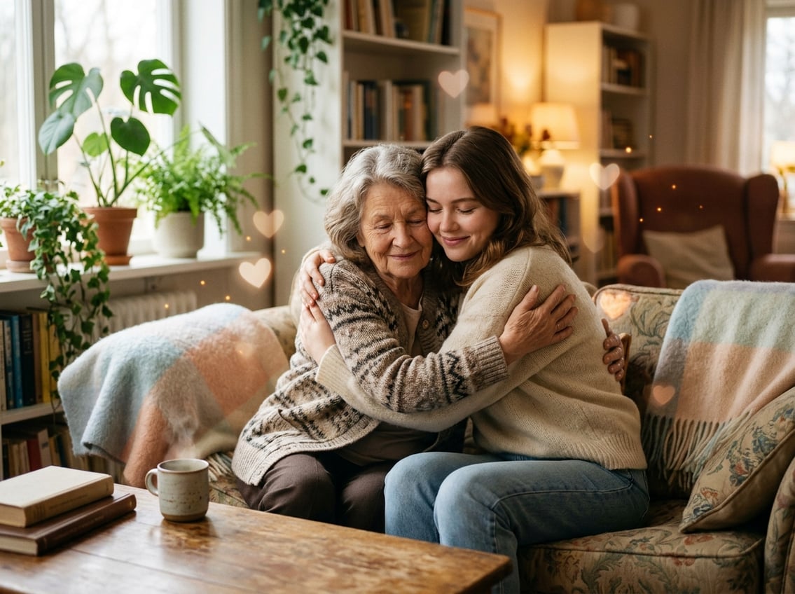 Two people sharing a gentle embrace in a cozy room, expressing warmth and affection.