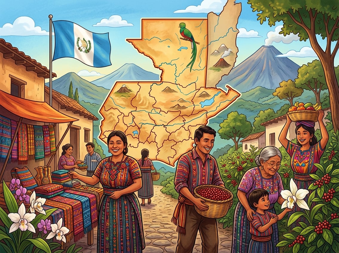 A group of Guatemalan people in traditional clothing standing in front of a colorful map of Guatemala with local plants and cultural symbols around them.