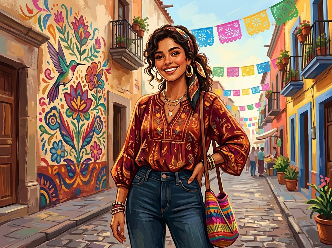 A confident young woman smiling in a colorful urban setting with Latin American cultural elements in the background.