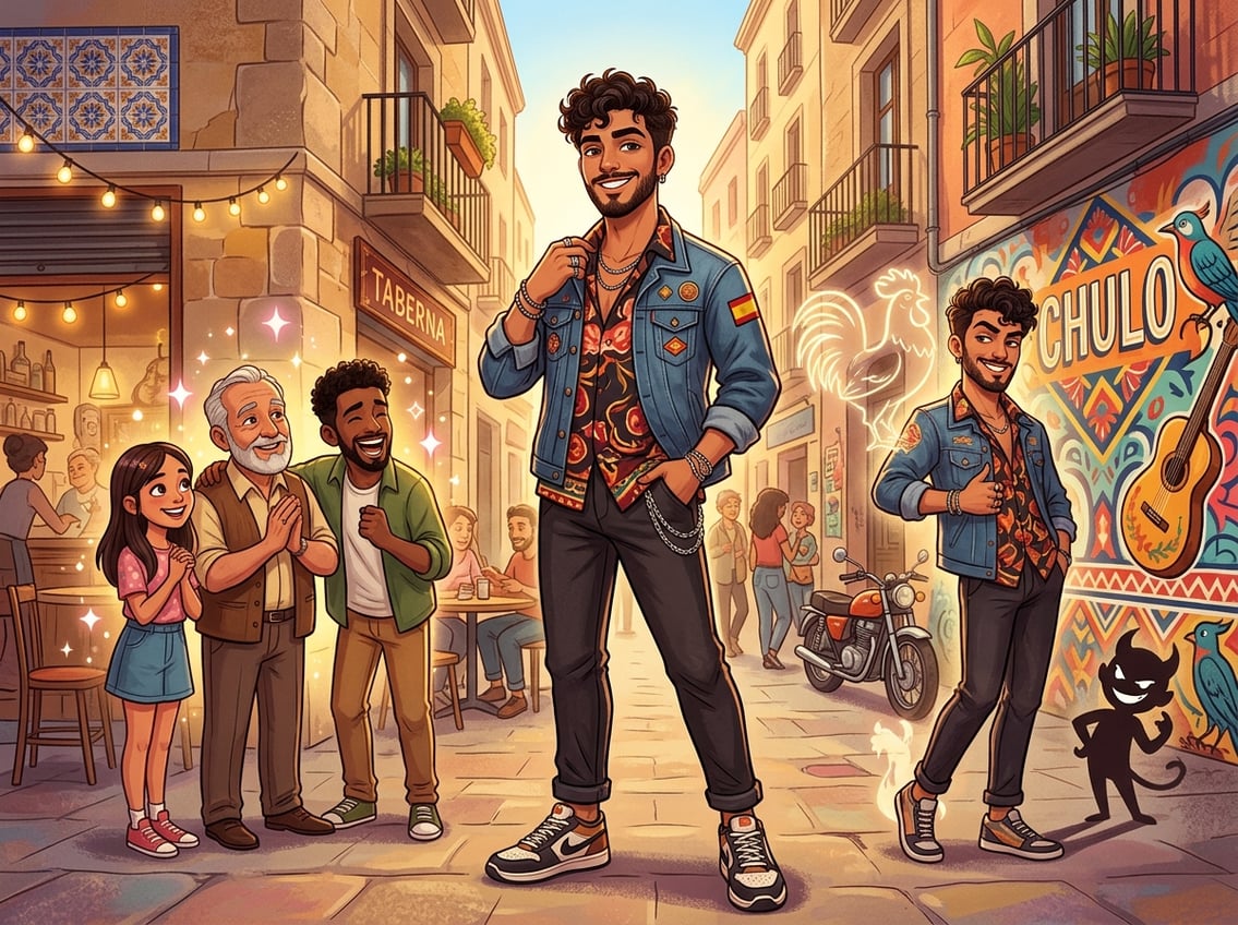 A confident young man in stylish clothes stands proudly in a colorful urban setting, with people admiring him and subtle hints of playful cockiness around him.