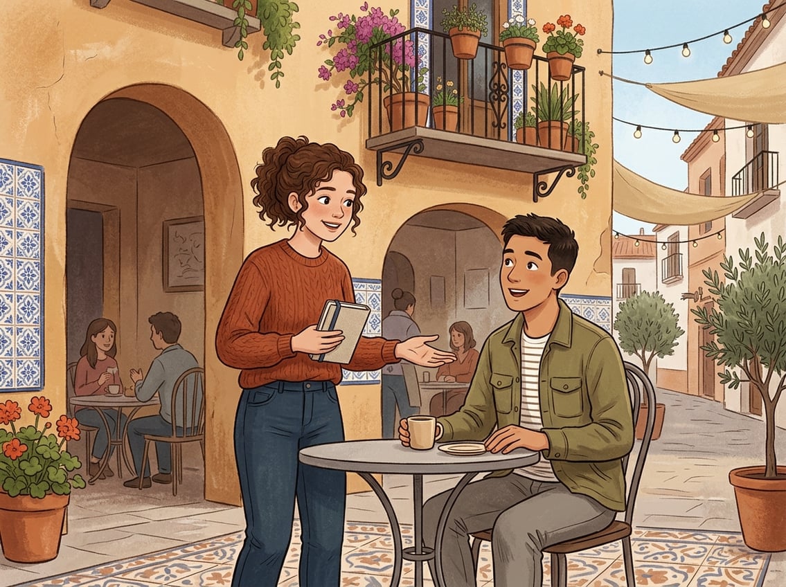 Two people smiling and greeting each other in a colorful outdoor café setting.
