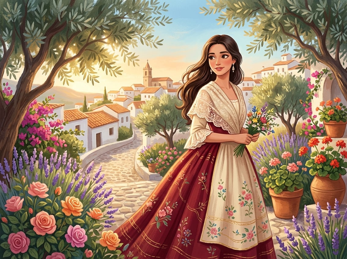 A young woman in traditional Spanish clothing stands in a sunlit garden with blooming flowers and olive trees, with a Spanish village in the background.