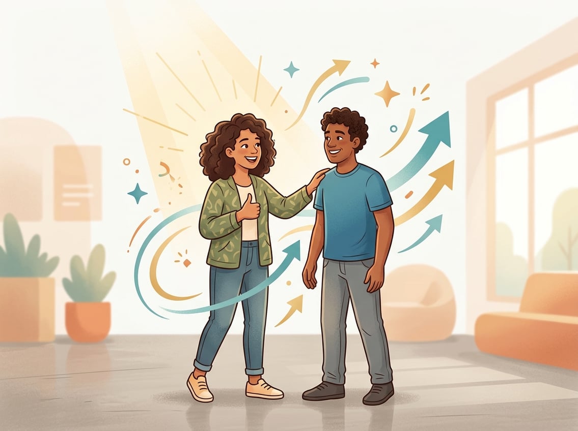 Two people sharing a supportive and encouraging gesture in a simple, positive setting.