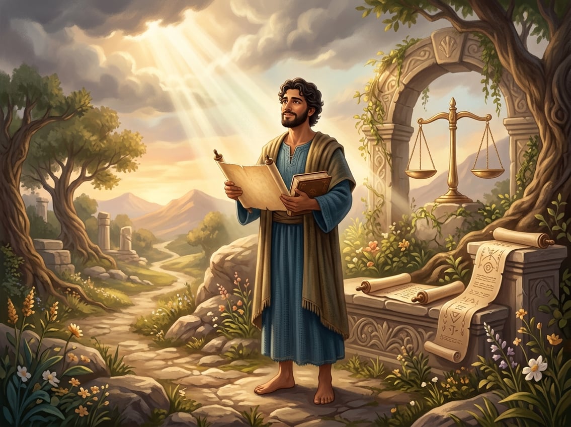 A young man standing in a sunlit natural setting surrounded by symbols of justice and spirituality.