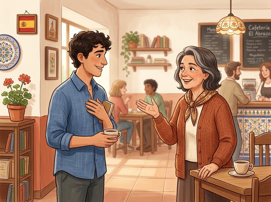 Two people smiling and interacting warmly, one making a polite hand gesture while the other looks grateful in a softly colored indoor setting with subtle Spanish cultural elements.
