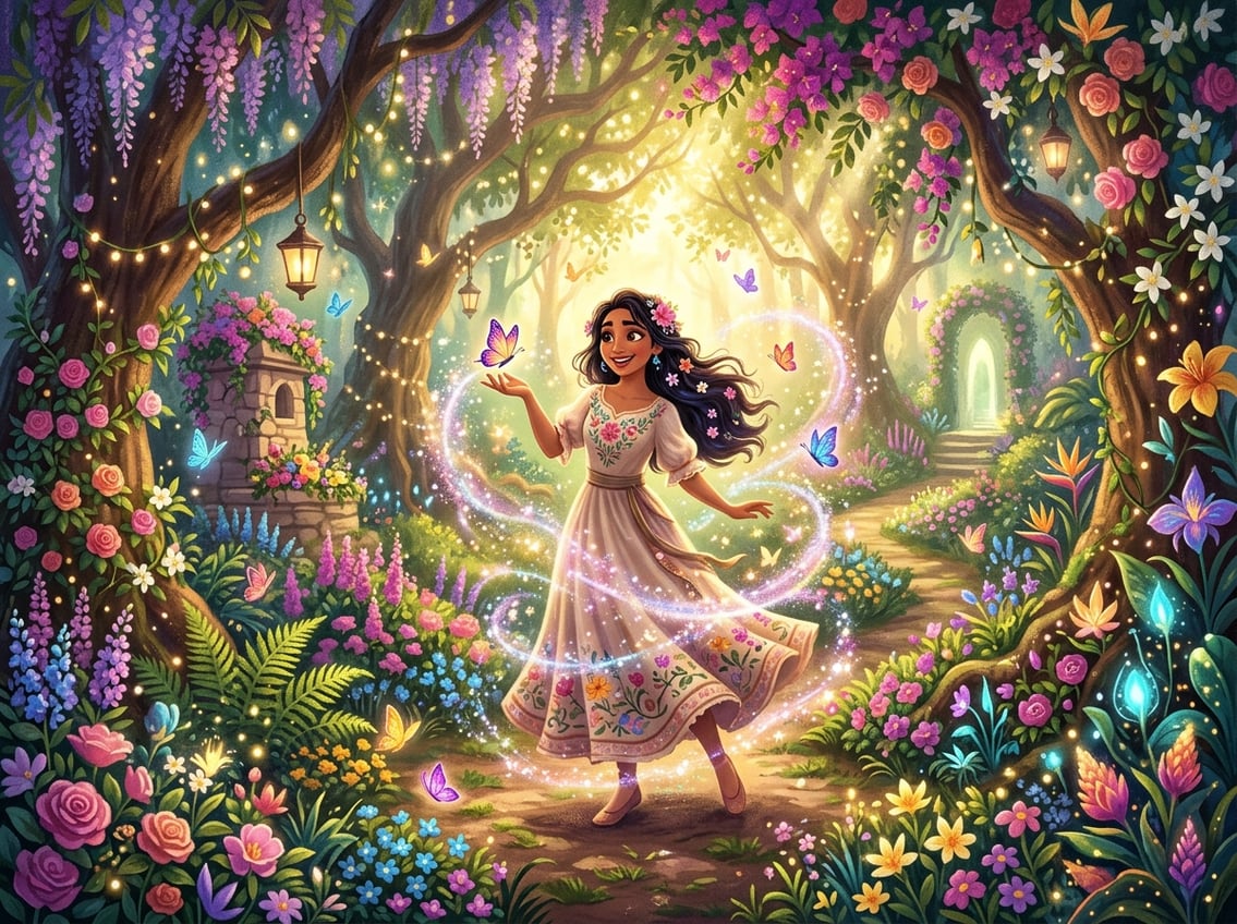 A magical garden with colorful flowers, glowing lights, butterflies, and a smiling figure surrounded by sparkles.