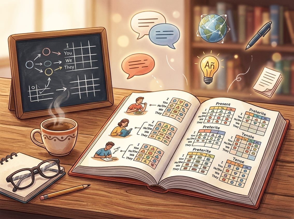 An open textbook on a desk with language learning tools and symbols representing Spanish verb conjugation.