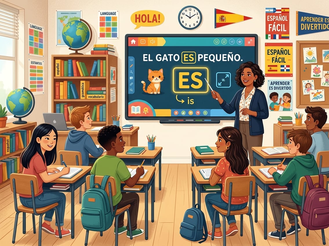 A teacher in a classroom pointing to a digital board while students listen attentively.