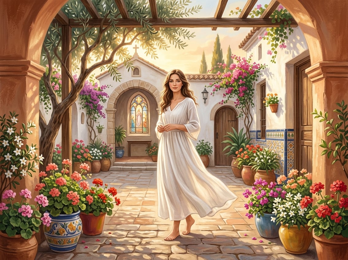 A young woman in a white dress stands peacefully in a sunlit Spanish courtyard surrounded by flowers and olive trees, with a small chapel window in the background.