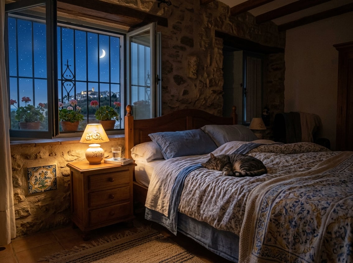 A peaceful bedroom at night with moonlight shining through a window, stars in the sky, and a cat sleeping on the bed.