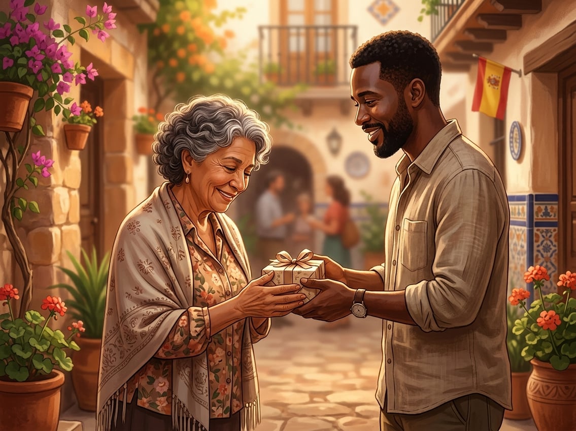 Two people exchanging a small gift with smiles, expressing gratitude in a warm setting with subtle Spanish cultural elements.