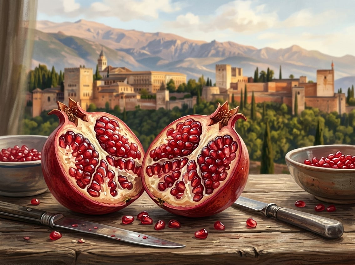 A ripe pomegranate fruit split open showing red seeds, with a faint outline of a historic palace and mountains in the background.