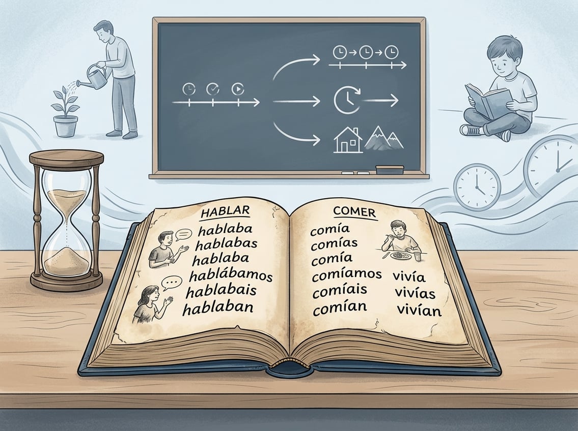 An open book showing Spanish verbs in imperfect tense with an hourglass and flowing lines symbolizing ongoing actions.