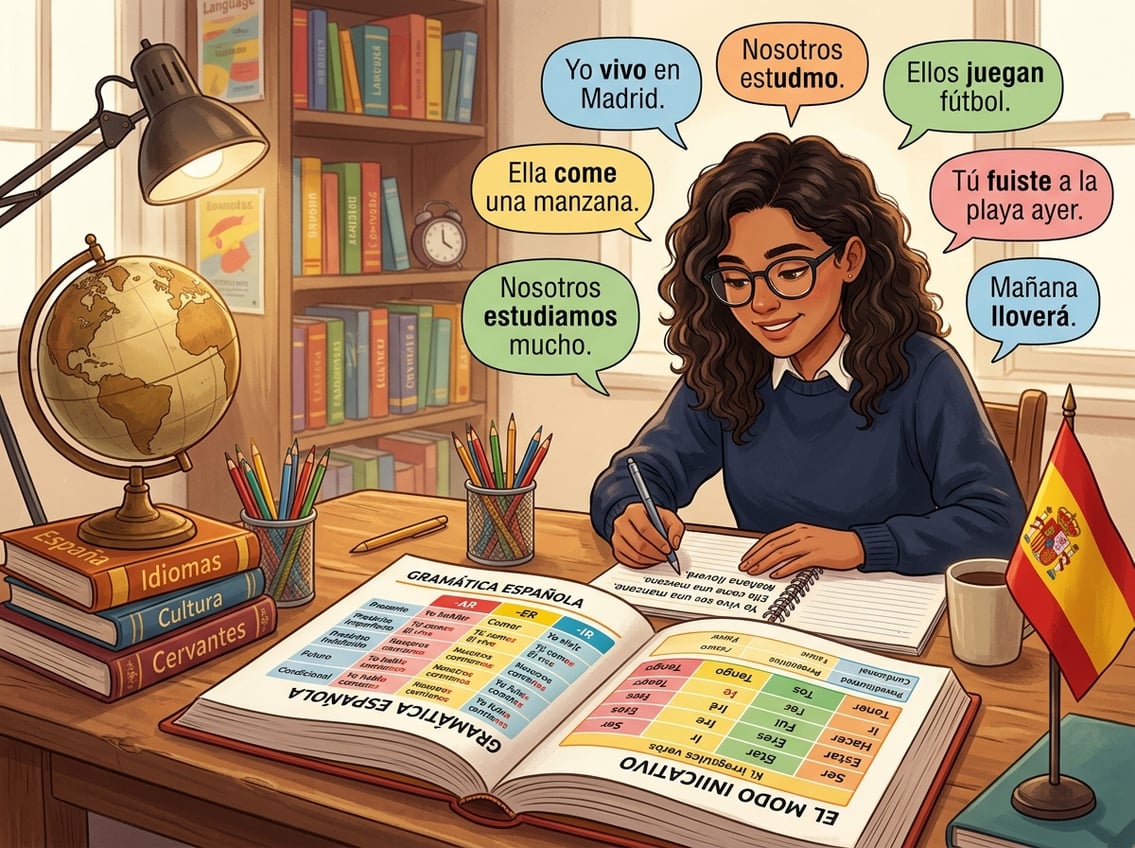 A student studying Spanish verb conjugations with an open textbook, speech bubbles showing example sentences, and a small Spanish flag on a desk in a bright study room.