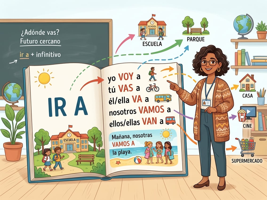 A teacher standing beside an open book with illustrations showing movement and destinations like a school, park, and house.